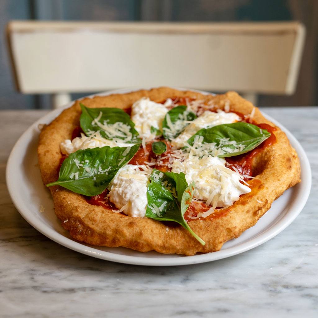 Montanara 2.0 – Base fritta, stracciatella, ragù napoletano, basilico, scaglie di caciocavallo